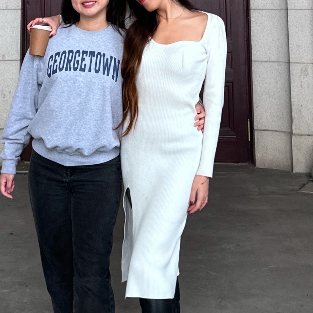 white portrait neck sweater midi dress